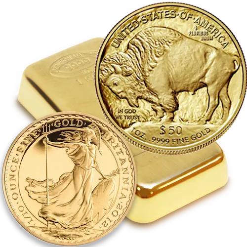 Gold Coins and a Gold bar on top of each other